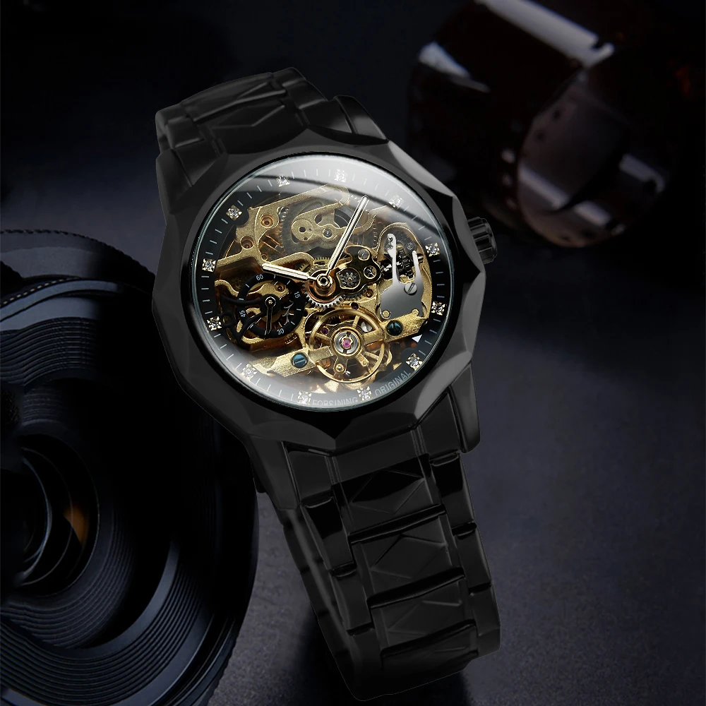 Forsining Fashion Tourbillon Men Watch Automatic Skeleton Watches Luxury Crystal Dial Stainless Steel Strap Waterproof Luminous