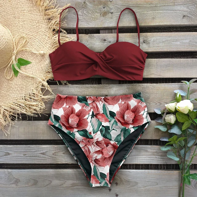 Leaf Print Bikini Female Swimsuit Women Swimwear Thong Push Up Bikinis Set High Waist Swimming Suits for Bathing Suit