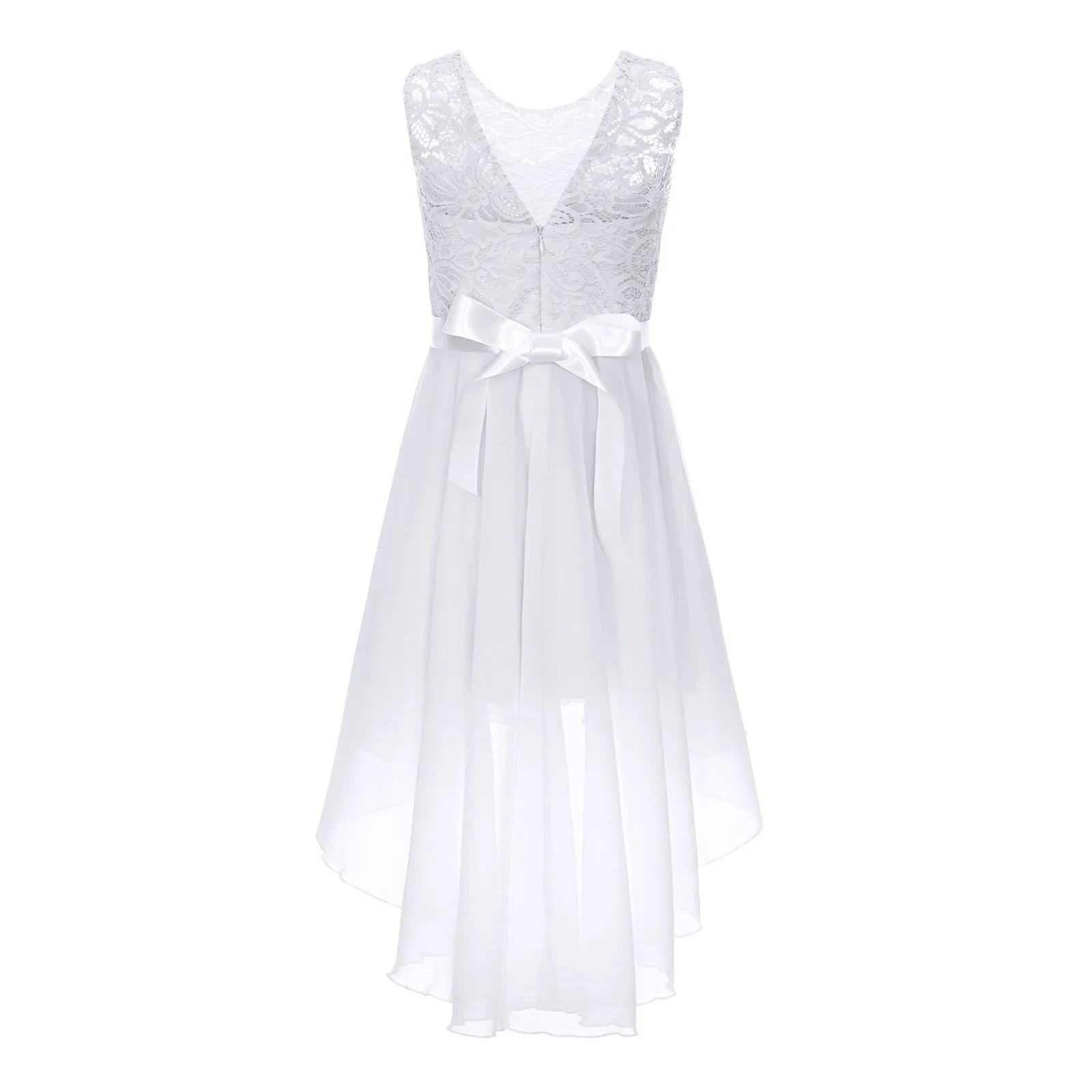 Girls First Communion Dress - Floral Lace Tea-Length Half Sleeves, Sizes 4-14 - View #2