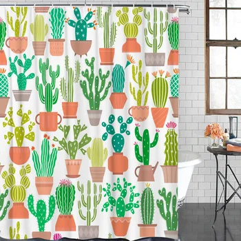 

Plant Curtain Cactus Cartoon Flowers Plant Bathroom Shower Curtains Bathroom Item Waterproof Shower Curtain &12 Hook