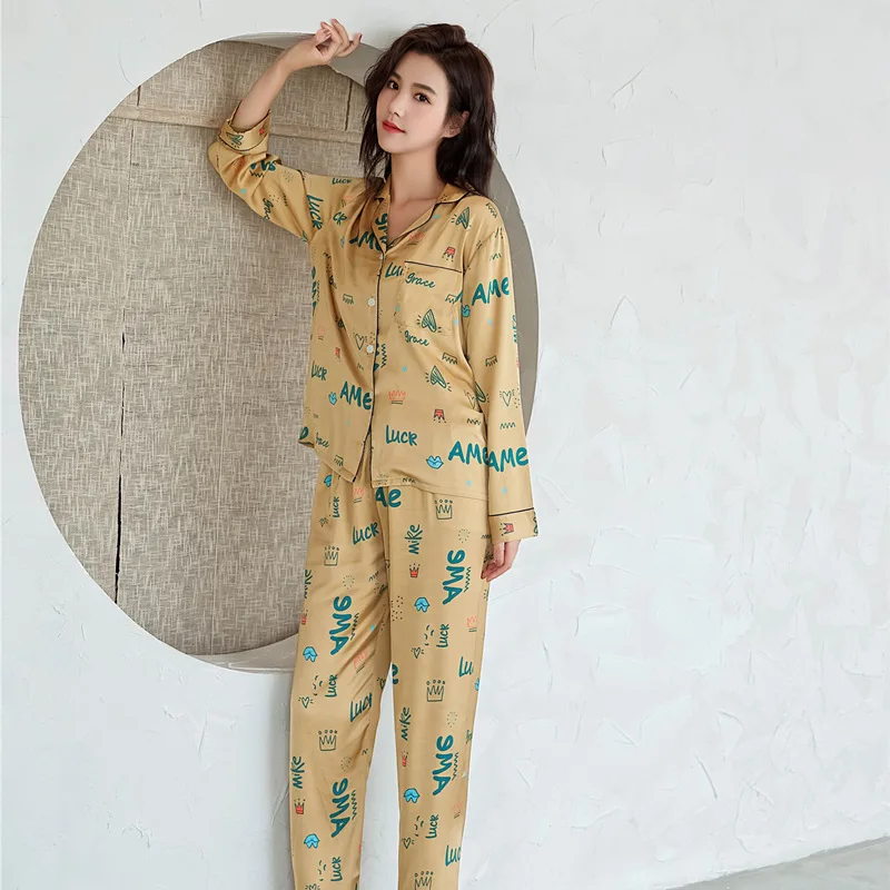 

Pajamas Women Spring And Autumn Summer Ice Silk Long-Sleeved Thin Section Casual Loose Printed Cardigan Home Service Suit