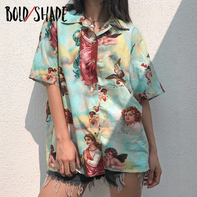 Bold Shade Y2K Aestheic 90s Blouse Angle Printed Short Sleeve Button Front Satin Vintage Streetwear Shirts Autumn Summer Women
