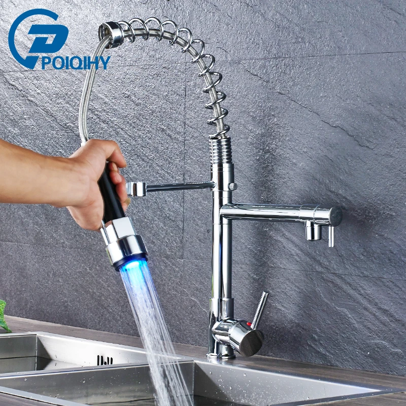 Black Chrome Kitchen Faucet Led Light Pull Down Spring Kitchen