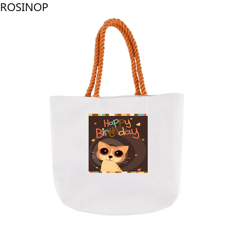 

Rosinop foldable shopping bag cute canvas tote bag designer tote cartoon bulid happy birthday cat print utility tote