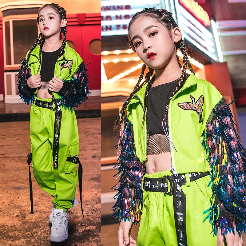 New Children Jazz Dance Costumes Girls Hip Hop Clothing Loose Fluorescent Tide Suit Street Dance Stage Show Outfits DQS288