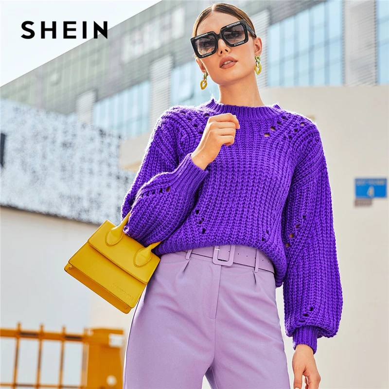 

SHEIN Purple Drop Shoulder Pointelle Chunky Knit Sweater Women Tops Autumn Winter Solid Bishop Sleeve O Neck Casual Sweaters
