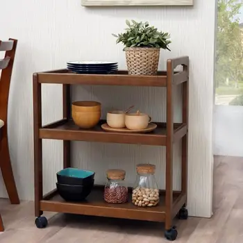 

Solid Wood Movable Dining Car Multi-function Tea Cart Household Kitchen Shelf Wine Cart Three-storey Trolley Dining Side