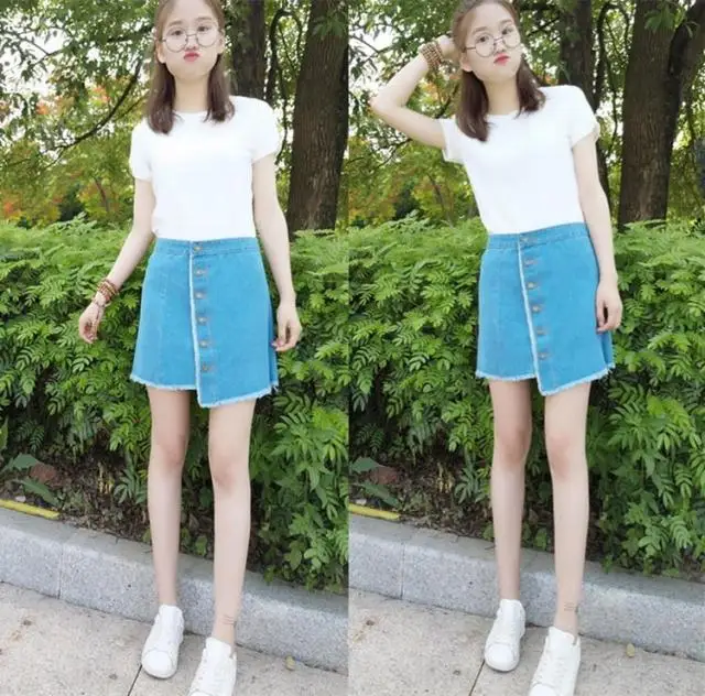 

2017 Korean-Style College Style High-waisted A- line Skirt Light Color 2016 Summer Versatile Students Denim Skirt 3-22