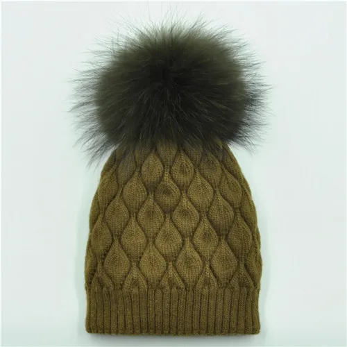 Green match fur Women Winter Hat Angora Knitted Wool Beanie Female New Fashion Casual Outdoor Thick Ladies Warm Fur Ball Hats - Color: Green match fur