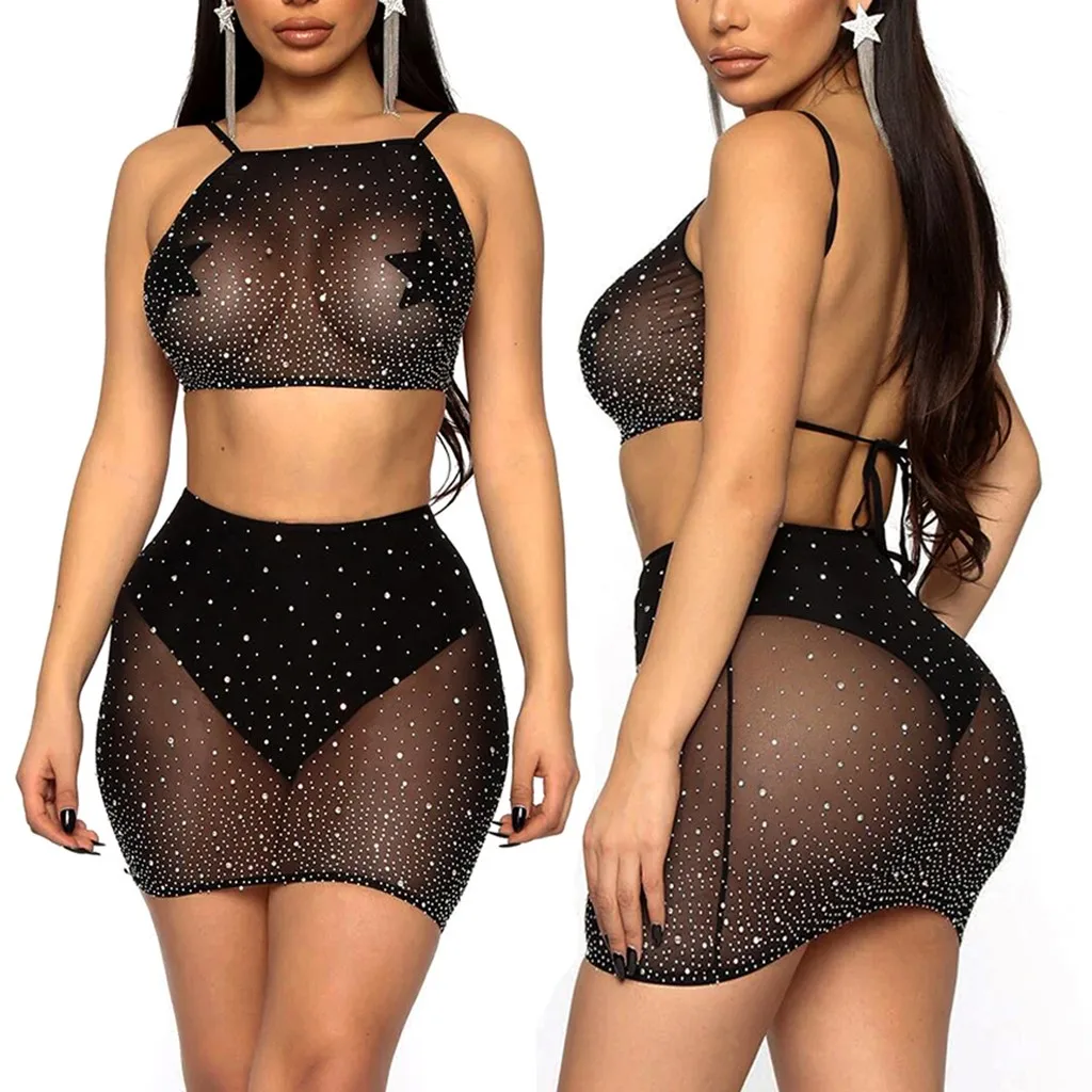New Sexy Mesh Lace Lingerie Women Sheer Rhinestone Top Mini Skirt Fishnet Set Femme Porno Babydoll Nightdress Sex | Тематическая