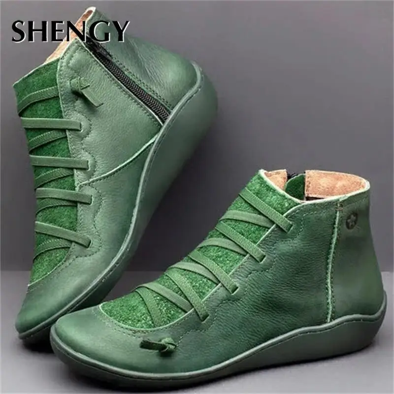 Glomixs Womens Leather Ankle Boots Autumn Vintage Lace Up Women Shoes Comfortable Flat Heel British Style High Help Boots Zipper Short Boot 