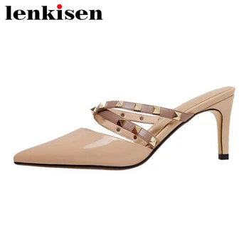 

Lenkisen 2020 new big size genuine leather pointed toe stiletto high heels women slip on mules rivet shallow sandals women L15