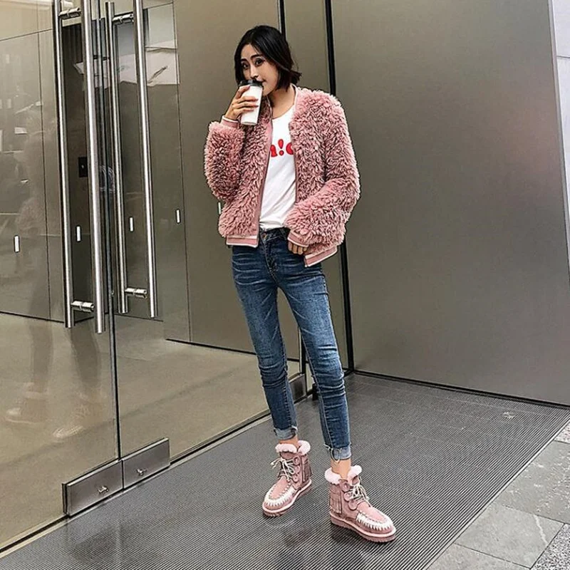 Crystal Lace Up Snow Boots Wool thickened Warm Winter Women Shoes Round Toe Tassel Cowhide Leather Top Quality Booties Ankle