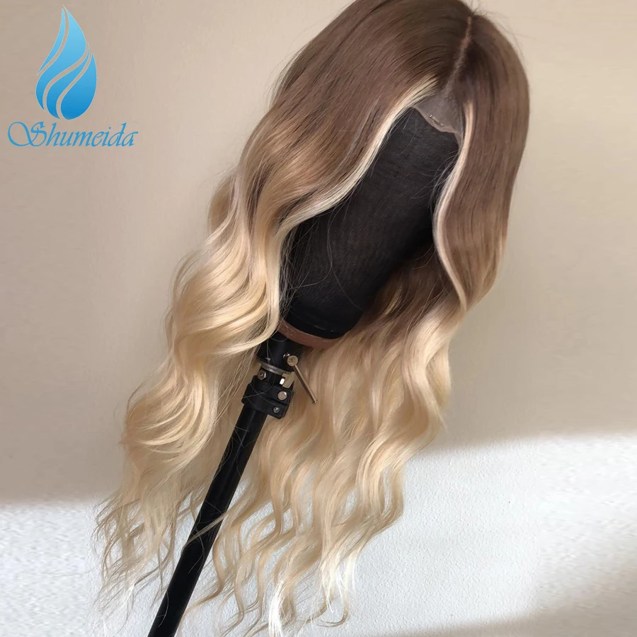 Online 13*6 pelucas de pelo humano frontales de encaje Rubio de Ombre peluca brasileña de onda del cuerpo Remy Pre desplumada pelucas para las mujeres negras