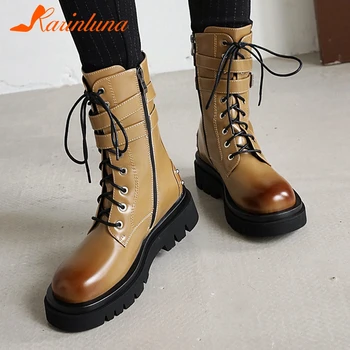 

Karinluna Hot Sale Round Toe Platform Flat with women shoes Round Toe Zipper Cross-tied Buckle Straps Ankle Boots