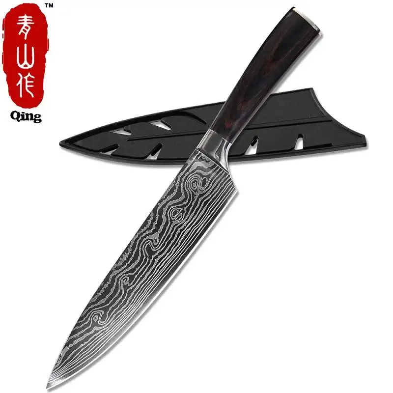 Qing, набор кухонных ножей из нержавеющей стали, японский нож шеф-повара, стальной нож с узором, кухонный нож Santoku Chef - Цвет: 8 chef knife