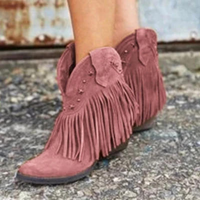 

PUIMENTIUA Autumn Women Shorts Boots Pointed Toe Low Heel Side Zipper Fringe Retro Fashion Tassel Ankle Booties Party Shoes