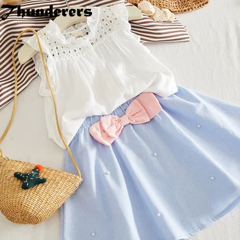 

Thunderers Summer Kids Princess Dress For Girl Sleeveless Lace Shirt With Bowknot Skirt Elegant Children Clothes Suit SIze 3Y-7Y