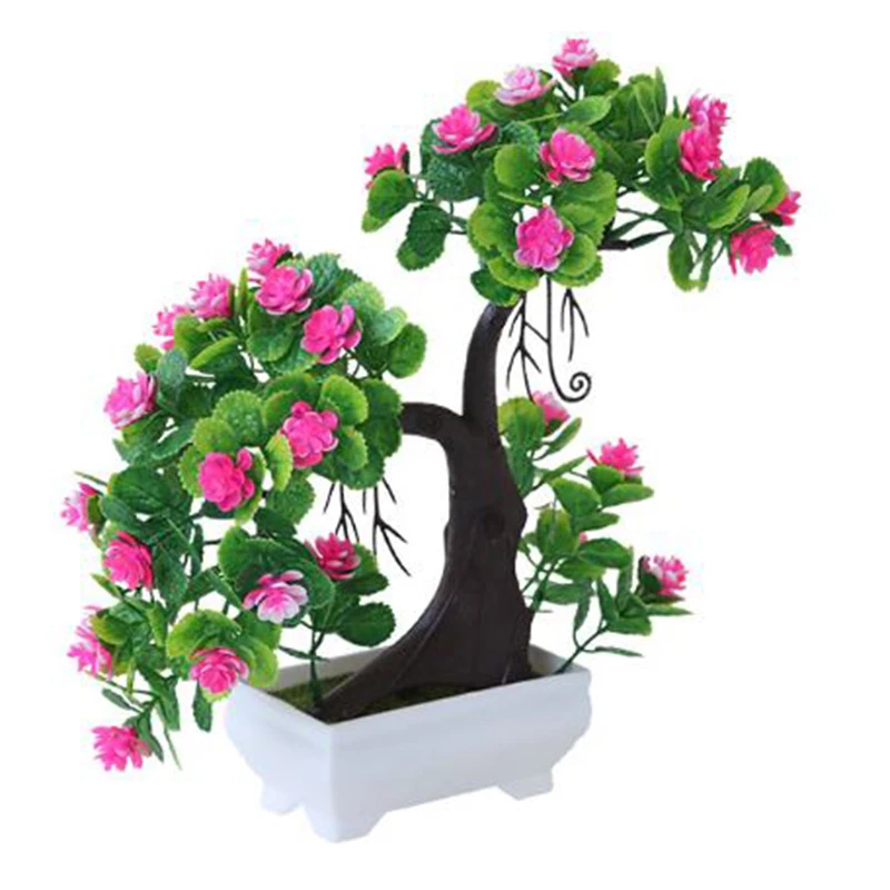Artificial Bonsai Flower Tree Potted Welcoming Fake Plant Home Window Decoration - Color: Pink