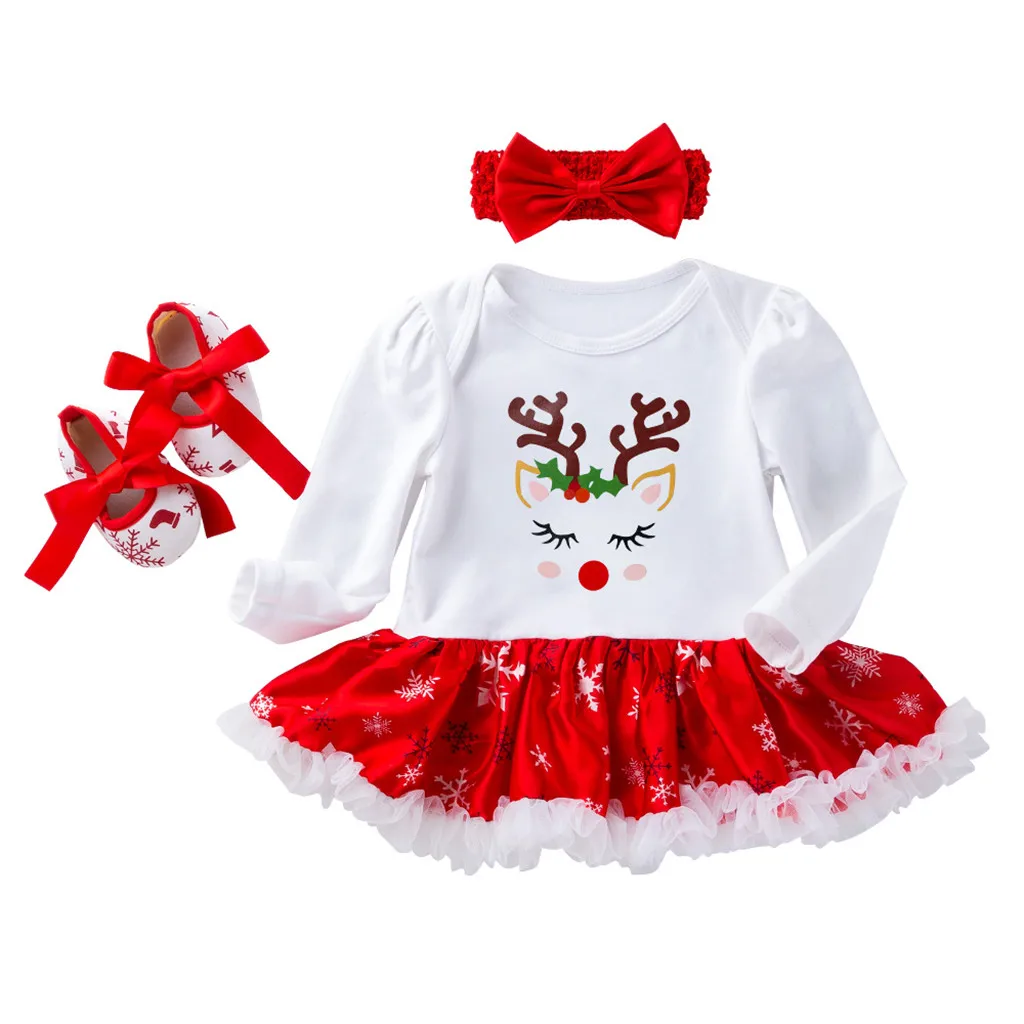 Комплект рождественской одежды для маленьких девочек, Детский комбинезон с длинными рукавами, платье-пачка, повязка на голову, комплект одежды из 3 предметов для девочек 3 мес.-24 мес - Цвет: G