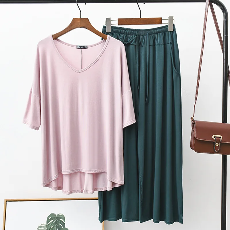 

2020 Summer New Style Modal V-neck Middle Sleeve T-shirt Drawstring Elastic Waist Loose Pants Women's Leisure Suit