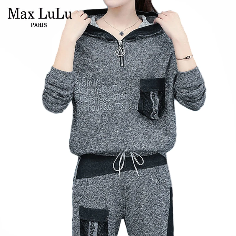Max LuLu, осенняя корейская модная одежда, Женские повседневные топы и штаны, женские принтованные комплекты из двух предметов, спортивные костюмы с капюшоном для фитнеса