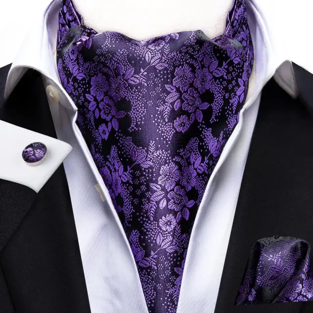 Hi-Tie Silk Men's Ascot Tie Pocket Square Cufflinks Set Cravat Ascots Scrunch Self British Style Gentleman Dress Scarves Party AS-1042