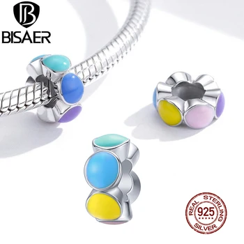 

BISAER Rainbow Bubble Stopper 925 Sterling Silver Silicone Spacer Round Charms Fit DIY Bracelet Bangles Jewelry Making ECC1555