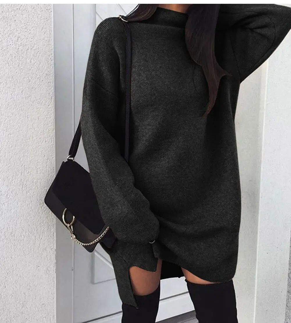 Женский плотный мешковатый вязаный длинный свитер с высоким воротником, джемпер на осень и зиму, Свободный пуловер, верхняя одежда - Цвет: Черный