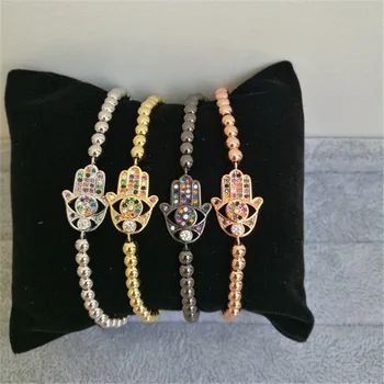 

10pcs/lot 4mm Brass Bead Handmade Black Rope Bracelet Mini Fatima Hand Hamsa Adjustable Bracelet