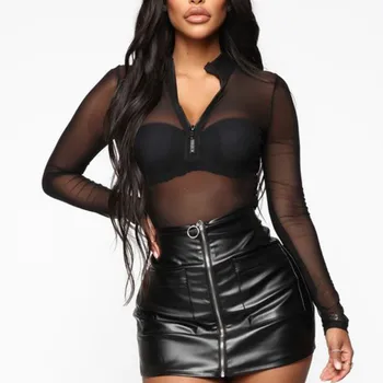 

Black Long Sleeve Mesh Sheer Bodysuit Sexy Round Neck Skinny Bodysuits Women