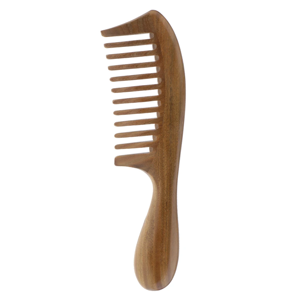Natural Handmade Green Sandalwood Wooden Comb - NO TANGLE, NO STATIC (Short Handle - Wide Tooth)