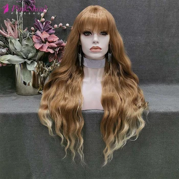 

PINKSHOW Brown Pink Wigs For Women Synthetic Wig With Bangs Deep Wave Wig Heat Resistant Fiber Two Tone Long Hair Wig