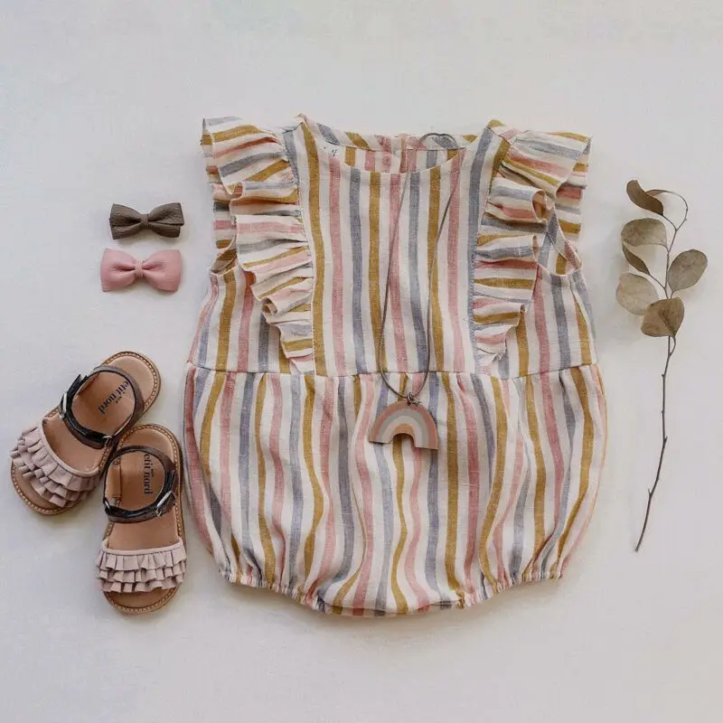 

Newborn Kids Baby Girl Clothes Bodysuit Rainbow Strip flying sleeves Striped Jumpsuit Romper Crawling Suit Bodysuit Outfits
