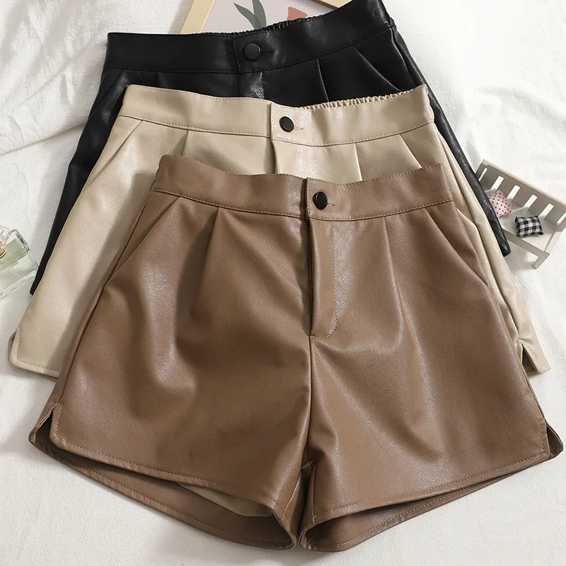 

Women Split PU Shorts Spring Autumn Elastic High Waist Wide Leg Leather Shorts Office Lady All Match A Line Black Casual Shorts