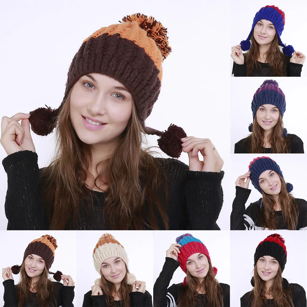 

New Fashion Winter Hats For Women Skullies Beanies Knit Wool Color Block Warm Winter Hat Ski Crochet Cap Pom Cap