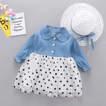 

Kids Autumn Fashion Dress Infant Baby Girls Long Sleeve Denim Splice Dot Tulle Princess Dresse+Hat Outfits With good quality