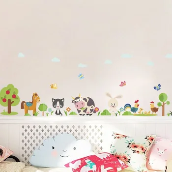 

cartoon forest horse rabbit tree cow butterfly wall stickers for kids rooms home decor animals wall decals pvc mural art poster
