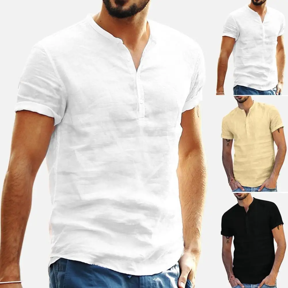 Mens Solid Casual Linen Breathable Fabric Collarless Shirt Short Sleeve T Shirt