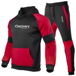 Discovery Channel chándal de 2 piezas para hombre, conjunto de marca, Jersey deportivo, Sudadera con capucha para correr, chándal informal estampado con Bolsillo grande