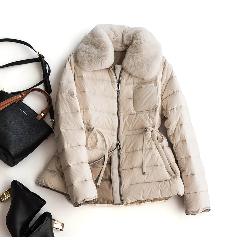 

FTLZZ Winter Ultra Light White Duck Down Jacket Women Warm Large Real Rabbit Fur Coat Sash Tie Up Hem Single Breasted Outwear