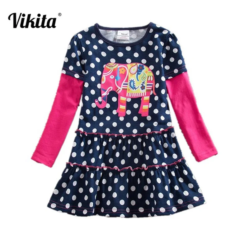VIKITA Girls Flower Dresses Children Cotton Dress Long Sleeve Autumn Winter Cartoon Kids Dress For Girls Roupa Infantil Menina