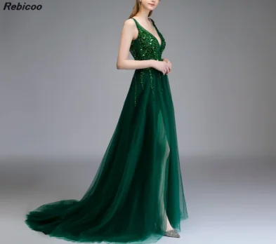 Rebicoo благородное и элегантное сексуальное платье с v-образным вырезом и бусинами, с открытой спиной, Длинные вечерние платья из тюля с высоким разрезом