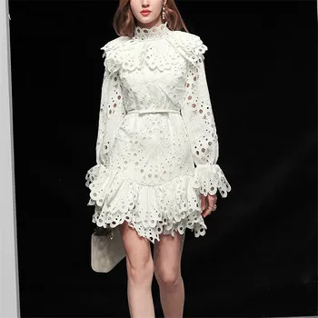 

CBAFU high quality runway hollow out lantern sleeve dress women luxury white irregular short party dress sexy vestidos F048