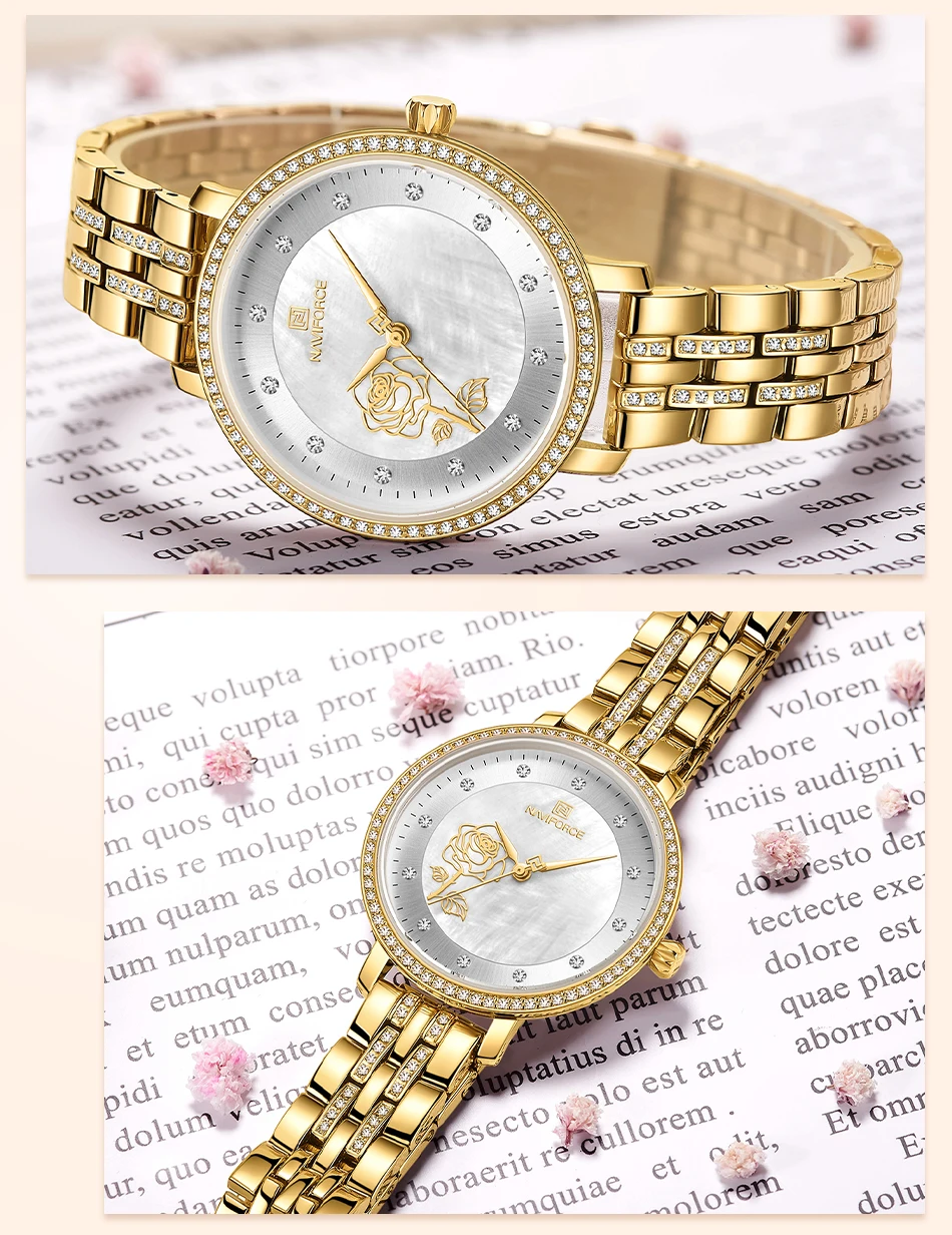 Naviforce relógio feminino de ouro rosê, relógio