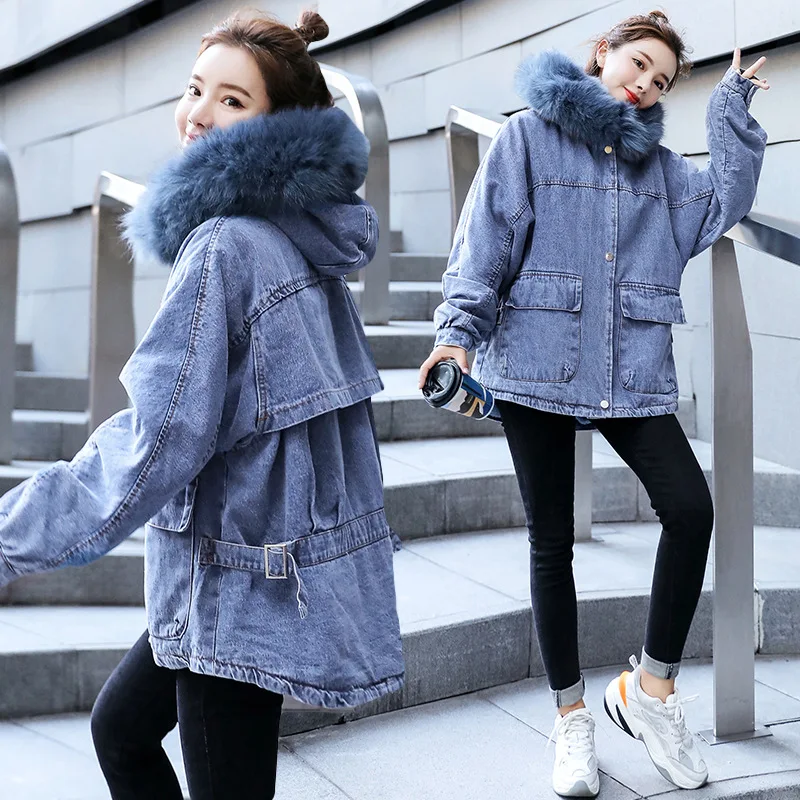 

2019 Autumn And Winter New Style Korean-style Loose-Fit Hooded Ultra Large Fur Collar Cowboy Cotton-padded Clothes Women's Mid-l
