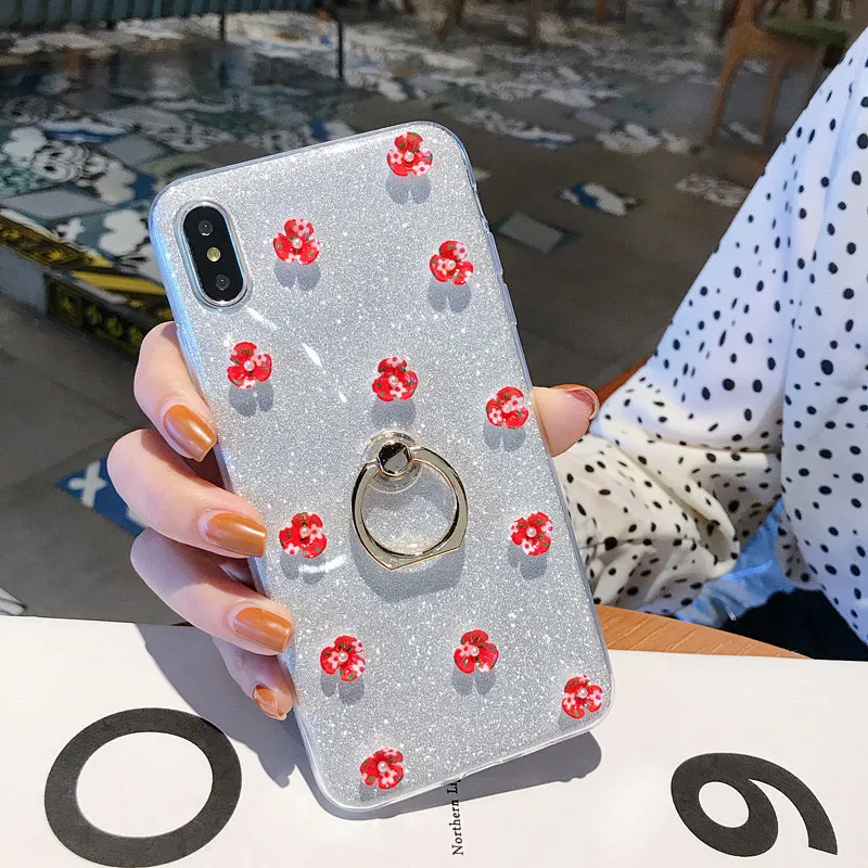 Блестящий чехол с блестками для iPhone 11 Pro XS Max XR Цветочная задняя крышка для iPhone 6S 7 8 Plus прозрачный мягкий ТПУ чехол-держатель с кольцом чехол - Цвет: White