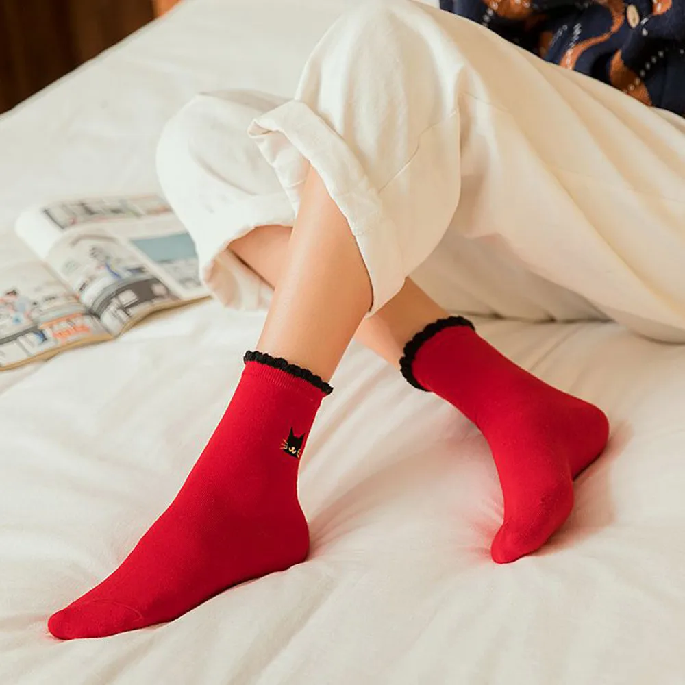 Зимние женские теплые красные хлопковые носки; Рождественский подарок; модные милые носки с Санта-Клаусом и оленем; рождественские носки; Милые 11,21