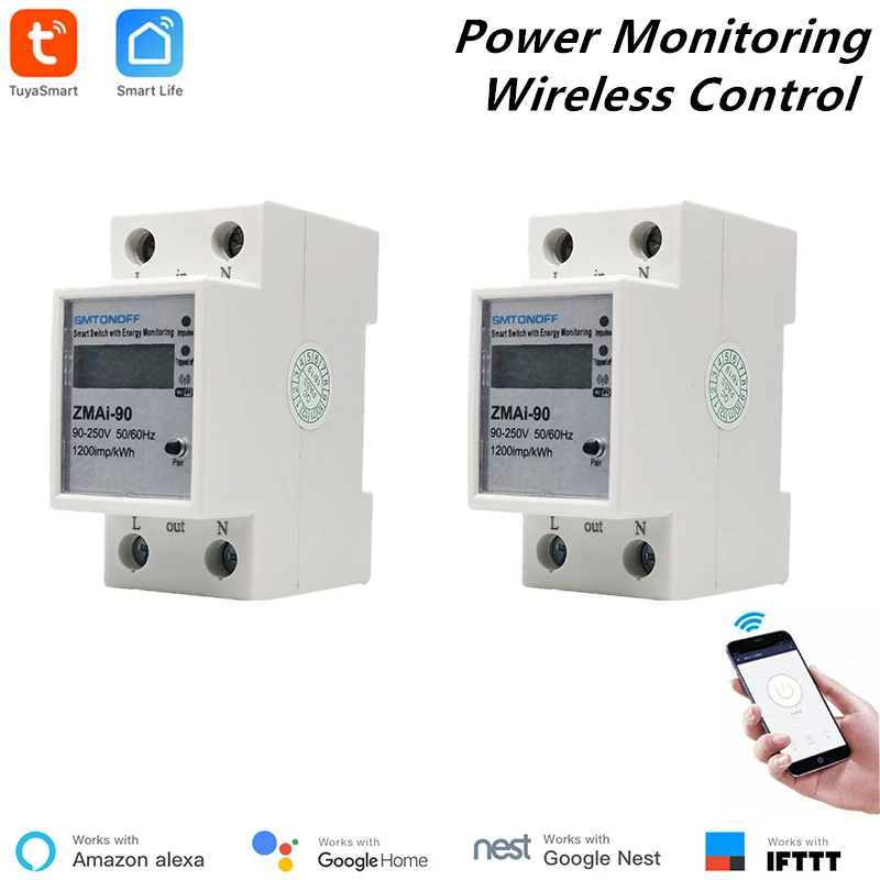 

2 Pcs Alexa Compatible Tuya Power Meter WiFi Power Consumption Switch Energy Monitoring Meter 110V/220V Din Rail Remote Control