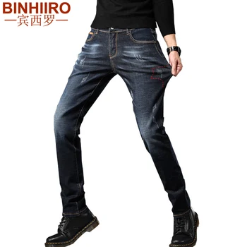 

Men's Embroidery Jeans Solid Color Comfortable Business Casual Elasticity Full Length Pants Slim High quality Classic Jeans Men